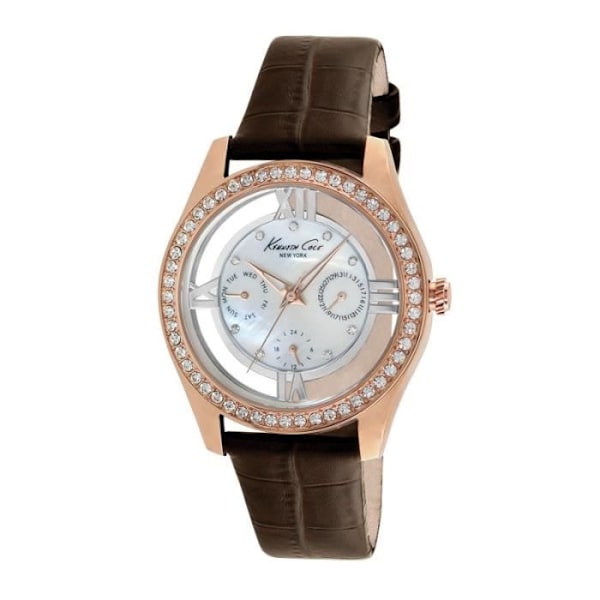 Dameur - KENNETH COLE - IKC2818 - Læderrem - Bezel sæt med krystaller - Vandtæt 3 ATM Rosa, brun, vit