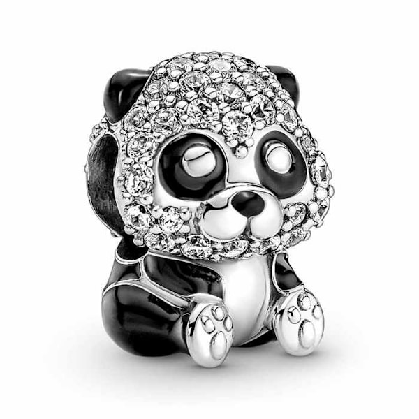 Berlock - Pandora - Panda - 925 Silver - Cubic Zirconia - Glänsande svart emalj Grå