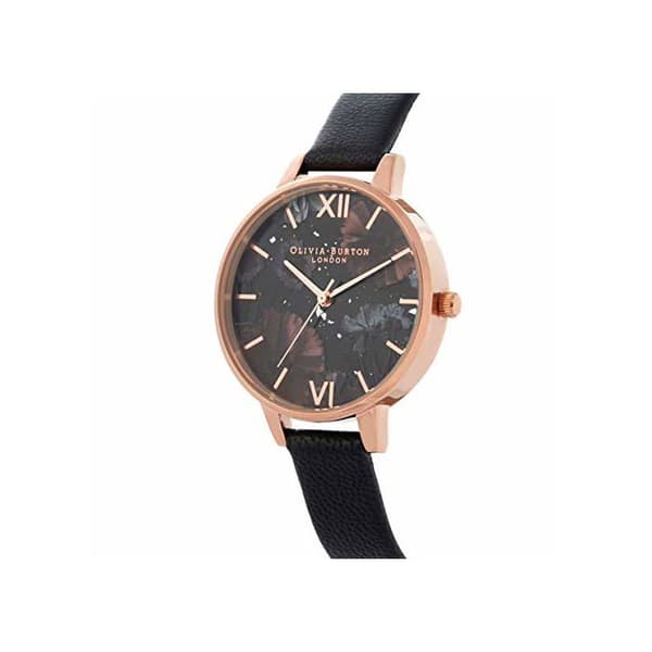 Analogisk ur til kvinder - Olivia Burton - OB16GD22 - Sort læderrem - Kasse i rustfrit stål - Diameter 34 mm