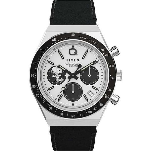 Ur - TIMEX - Peanuts - Rustfrit stål 40 mm - Hvid analog urskive - Sort læder chronograf rem Pengar