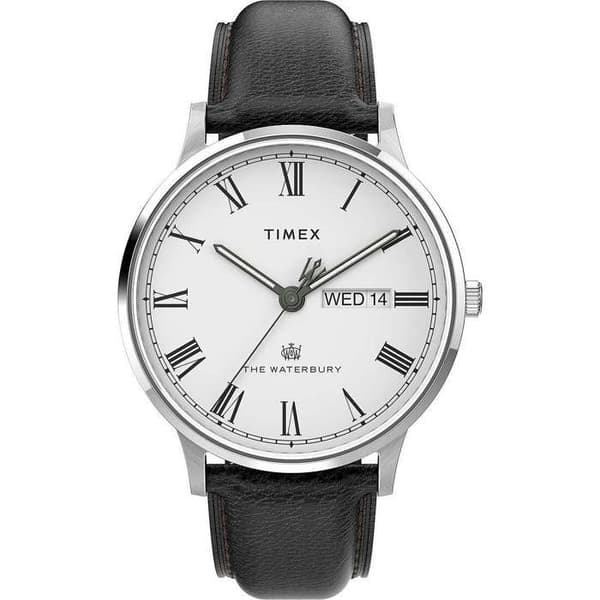 Ur - TIMEX - Waterbury - Stålhus 40 mm - Sort læderrem 20 mm - Indiglo belysning Silver, Svart, Vit
