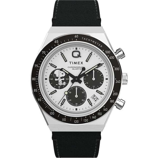 Ur - TIMEX - Peanuts - Rustfrit stål 40 mm - Hvid analog urskive - Sort læder chronograf rem Pengar