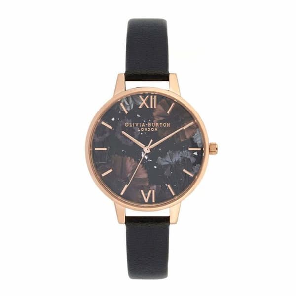 Analogisk ur til kvinder - Olivia Burton - OB16GD22 - Sort læderrem - Kasse i rustfrit stål - Diameter 34 mm
