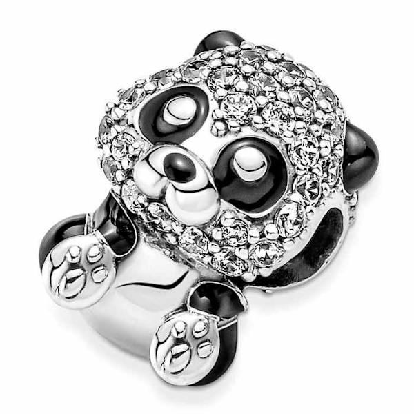 Charm - Pandora - Panda - 925 Sølv - Cubic Zirconia - Skinnende sort emalje Grå