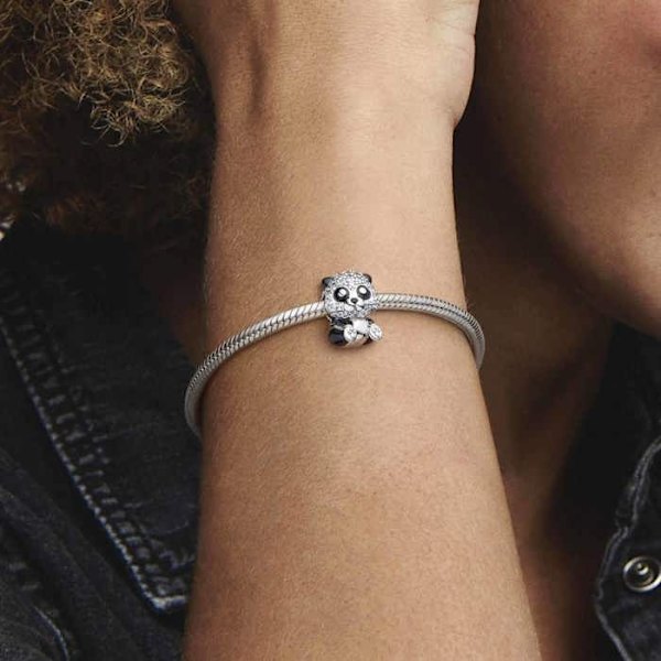 Charm - Pandora - Panda - 925 Sølv - Cubic Zirconia - Skinnende sort emalje Grå