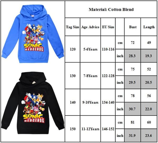Kid Sonic Hedgehog Langermet hettegenser Sweatshirt Pullover Jumper Black 150cm
