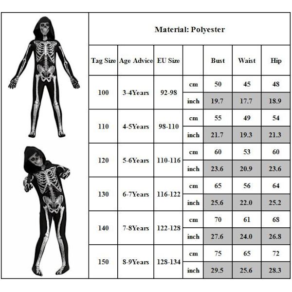 Lasten Skeleton Jumpsuit -asu Halloween Cosplay 100cm