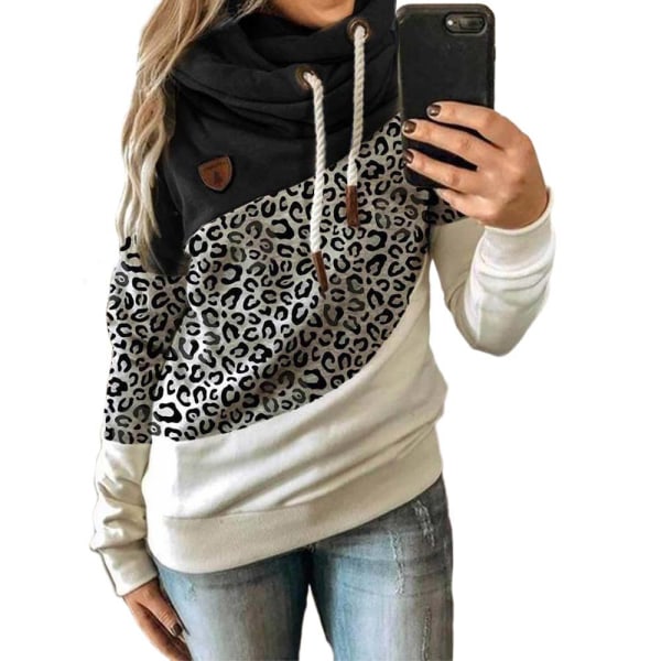 Huvtröja för kvinna med turtleneck sweatshirt hoodie sport camo tröja Leopard + black S