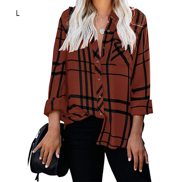 Damskjorta Stripe Rutig ångärmad Top apel Casual Blus coffee L