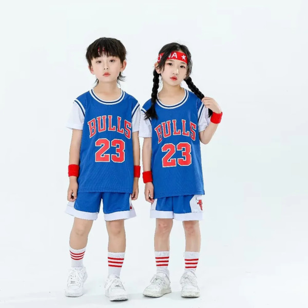 Ny 23/24 drenge og piger Bulls 23 basketballtrøje falsk todelt børneholdsuniformsæt blå Blue (8-9Y)-kids-24