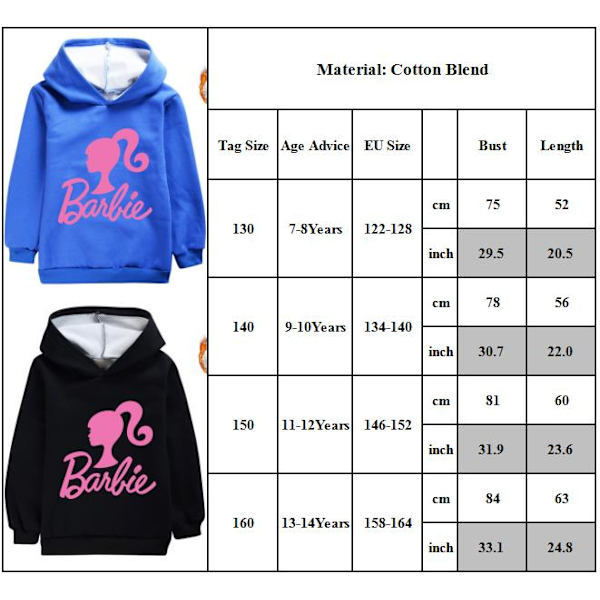 Barn Barbie Plysch Hoodies Casual Hooded Cosplay Cartoon Jacka black 150cm