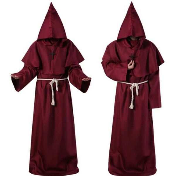 Medieval Friar Monk Hood Renessanse prestedrakt Halloween Cosplay Red XL