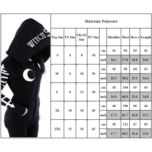 Dame hættetrøjer Tøj Gothic Punk Moon efter trykt sweatshirt svart L