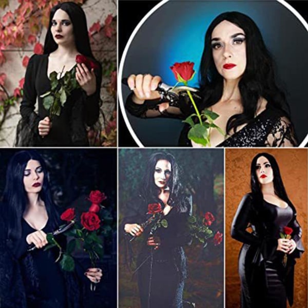 Kvinnors långa svarta peruk för Morticia Addams Family Halloween Fanc