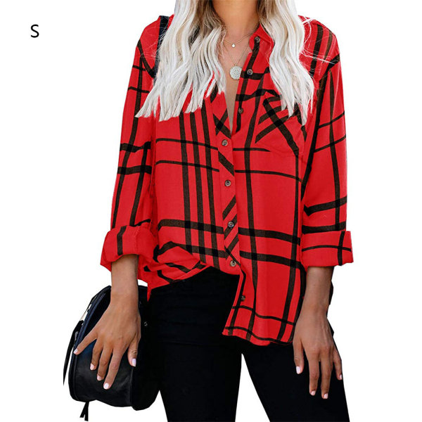 Damskjorta tripe Rutig Långärmad Top Lapel Casual Blus red S