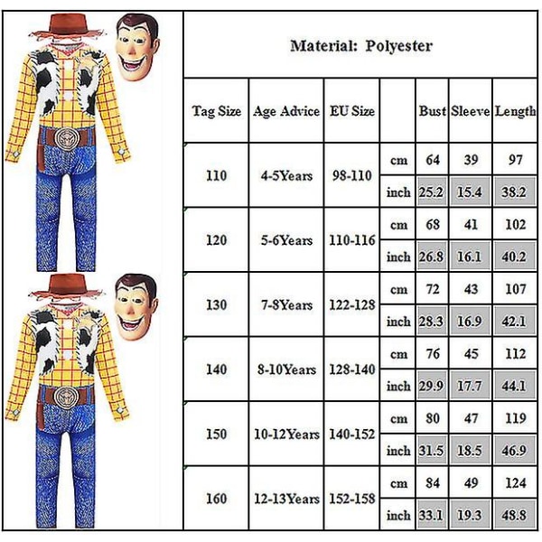 Disney Sheriff Woody Toy Story 4 Børn Drenge Pyjamas Jumpsuit Hat Maske Cosplay Kostume Fancy Dress Halloween Set Tmall 10-12 Years