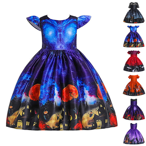 Piger Halloween Kostume Heks Cosplay Fest Cartoon Maxikjole Blue 130cm
