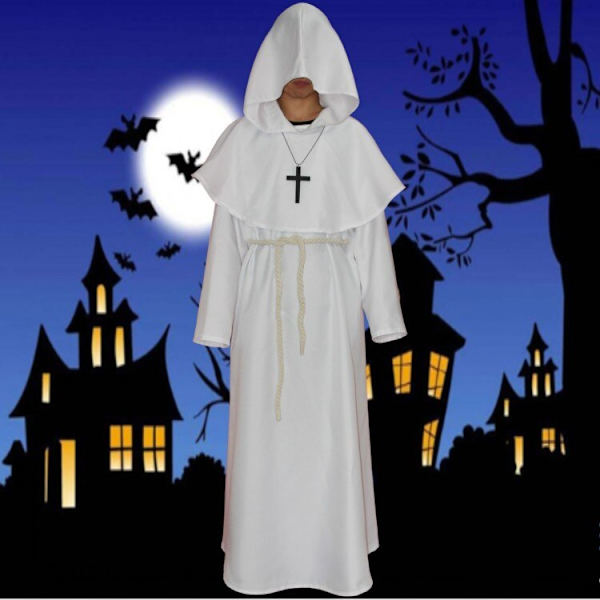 Middelalderbroder Munkehætte Renæssancepræstekostume Halloween Cosplay White 2XL