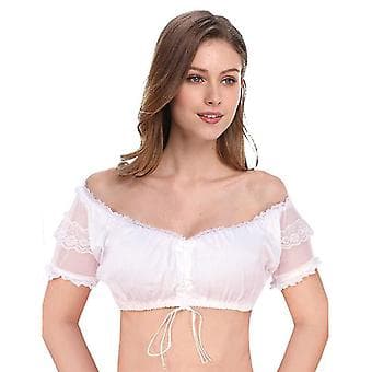 Bigsale Dirndlbluse med flæser hvid - Traditionel elegant bayersk Oktoberfest Cropped Bluse (L Perlehvid)
