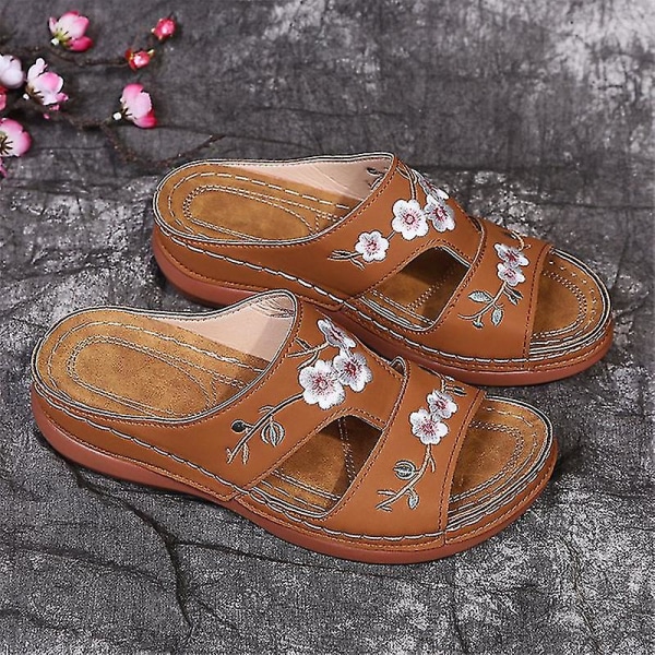 Ortopediska Bloom-skor för kvinnor med öppen tå sandaler Platttofflor för damer Sommar Strand Gummi Mjuk sula Beige 42