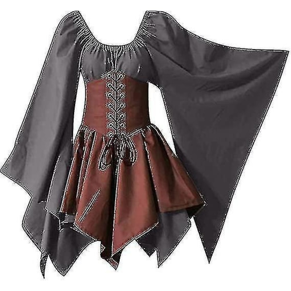 Kvinnors medeltida renässanskostymer Piratkorsettklänning Kvinnor Flare Sleeve Traditionell irländsk kort Grey and Brown