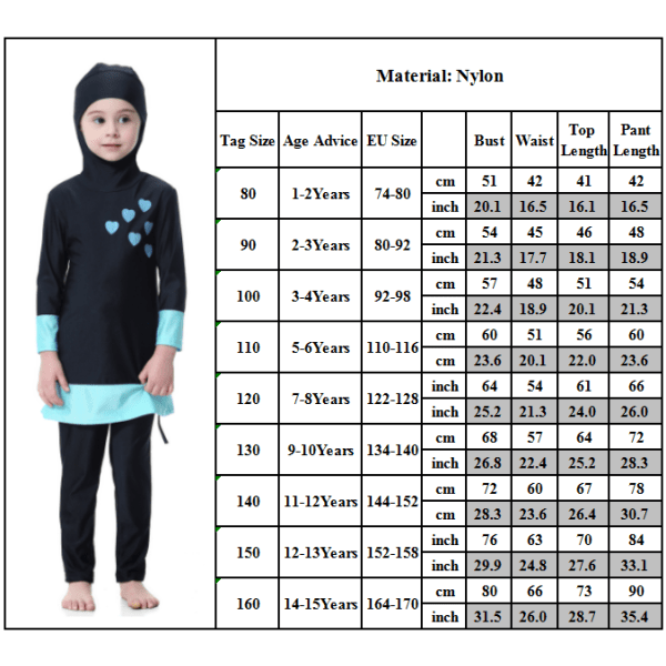 Børn Piger Burkini Badetøj Fulddækkende Dækbad Black 110cm