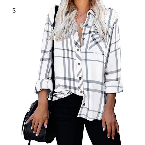 Damskjorta tripe Rutig Långärmad Top Lapel Casual Blus white S