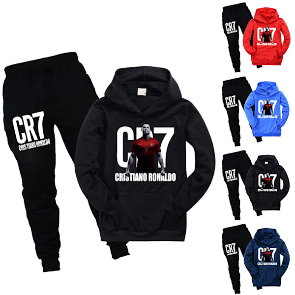 CR7 Ronaldo Pojkars Tracksuit Fotboll Hoodie Sweatshirt Huvtröja Toppar + Byxor Outfits Navy blue Navy blue 150cm