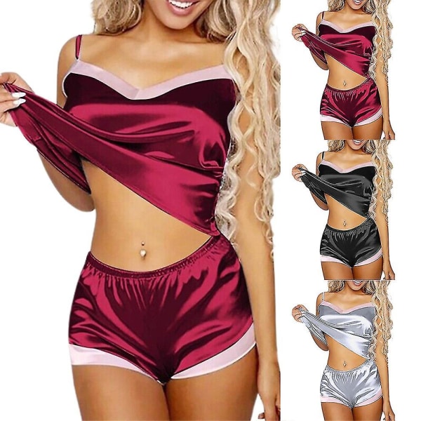 Dam Satin Silke Spets Cami Underkläder Shorts Sovkläder Docka Pyjamas Nattkläder Set Flerfärgad Valfritt wine red L