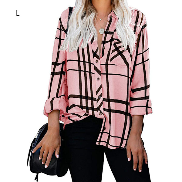 Damskjorta Stripe Rutig ångärmad Top apel Casual Blus pink L