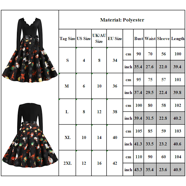 Kvinders Jul Retro Swing Dress Xmas Party Aftenkjole 2XL