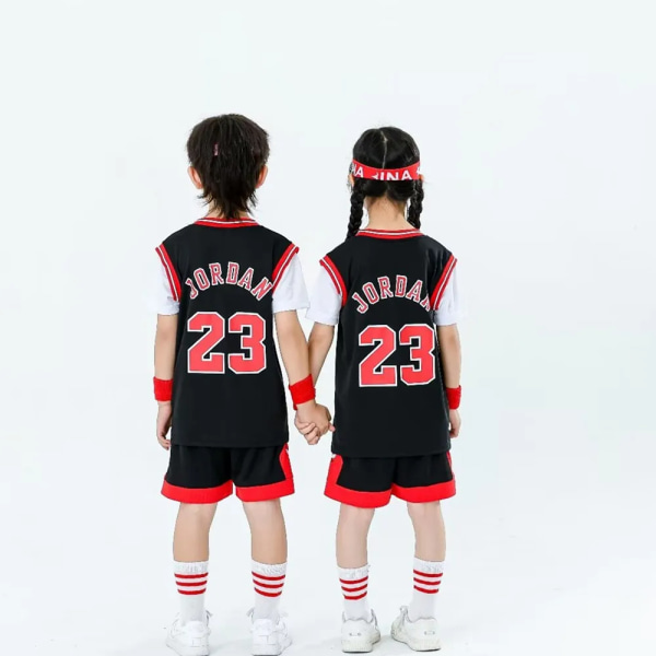 Ny 23/24 drenge og piger Bulls 23 basketballtrøje falsk todelt børneholdsuniformsæt sort black (12-14Y)-kids-28