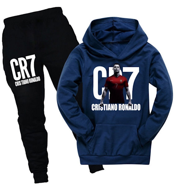 CR7 Ronaldo Pojkars Tracksuit Fotboll Hoodie Sweatshirt Huvtröja Toppar + Byxor Outfits Navy blue Navy blue 160cm