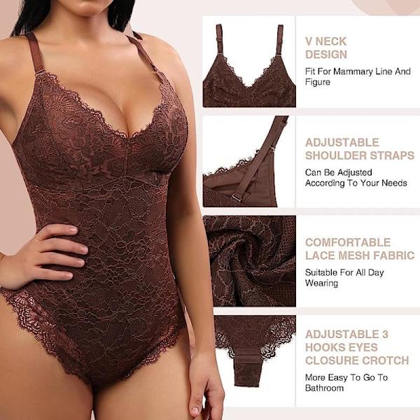 Damstrumpbyxor Shaper V-Neck Backless Tank One Piece Bodysuit Brown XL