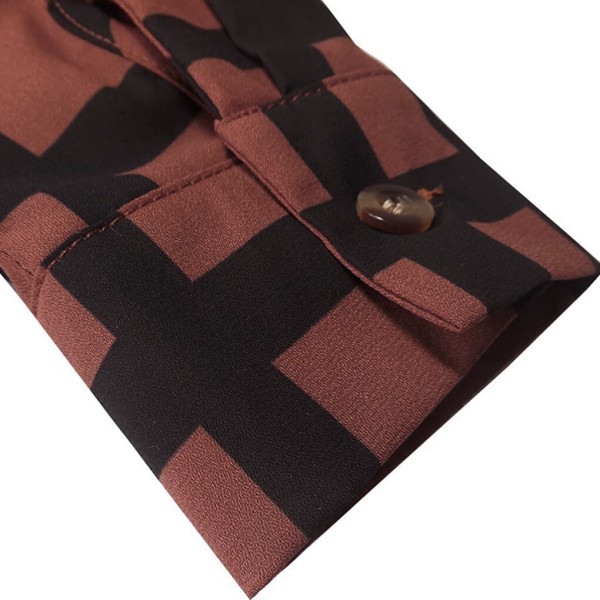 Dameskjorte Stripe Rutete Langermet Topp Lapel Casual Bluse coffee XL
