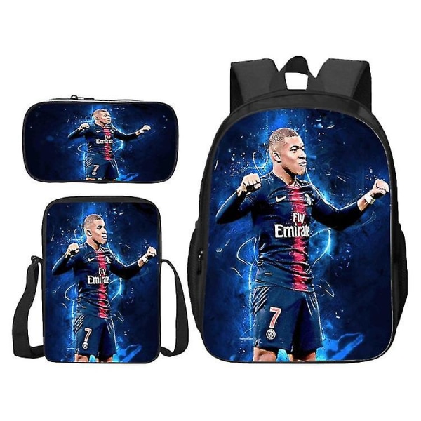 3 stk/ sæt fodbold superstar Mbappe rygsæk elev skoletaske Y1 Backpack + Satchel