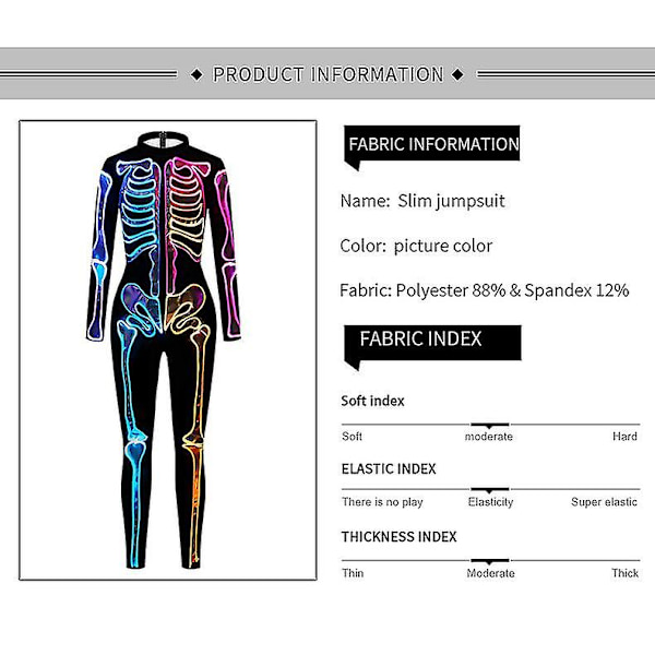 Halloween Cosplay Jumpsuits Värikäs Skeleton Bodysuit 3D Stretch Skinny U_io M