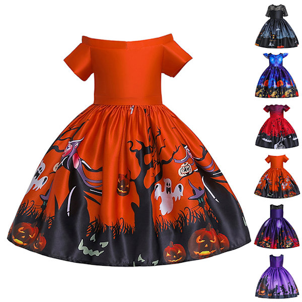 Flickor Halloween Dräkt Häxa Cosplay Party Cartoon Maxiklänning Orange 130cm