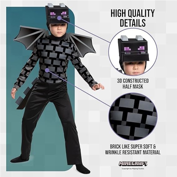 Minecraft Ender Dragon kostym för barn, videospelsinspirerad karaktärsoutfit L