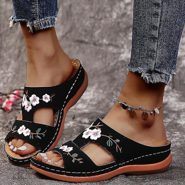 Ortopediska Bloom-skor för kvinnor med öppen tå sandaler Platttofflor för damer Sommar Strand Gummi Mjuk sula Beige 40