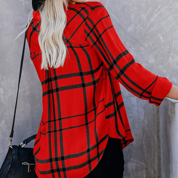 Dameskjorte Stripe Rutete Langermet Topp Lapel Casual Bluse red M