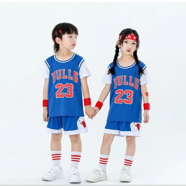 Ny 23/24 drenge og piger Bulls 23 basketballtrøje falsk todelt børneholdsuniformsæt blå Blue (4-5Y)-kids-18