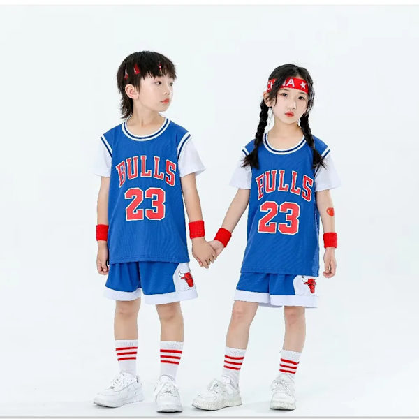 Ny 23/24 drenge og piger Bulls 23 basketballtrøje falsk todelt børneholdsuniformsæt sort black (3-4Y)-kids-16
