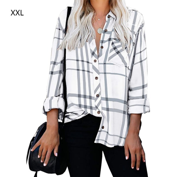 Dameskjorte stribet plaid langærmet top revers afslappet bluse white XXL