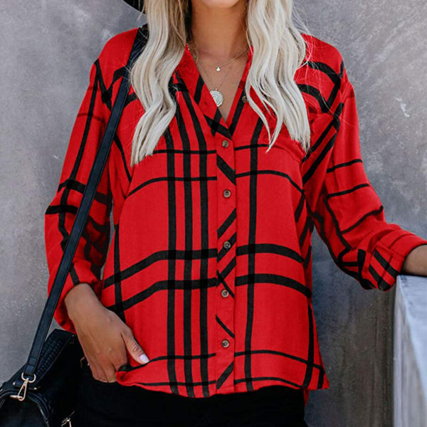 Damskjorta tripe Rutig Långärmad Top Lapel Casual Blus red S