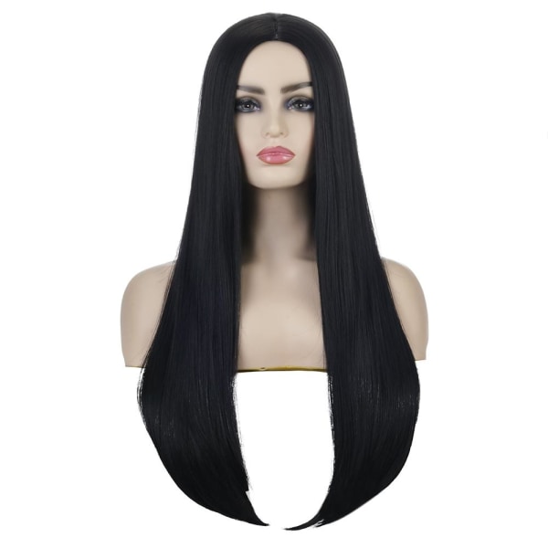 Kvinnors långa svarta peruk för Morticia Addams Family Halloween Fanc