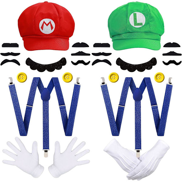 Super Mario Bros Mario ja Luigi Hattar Kepsar Mustascher Handskar Knappar Cosplay Kostym