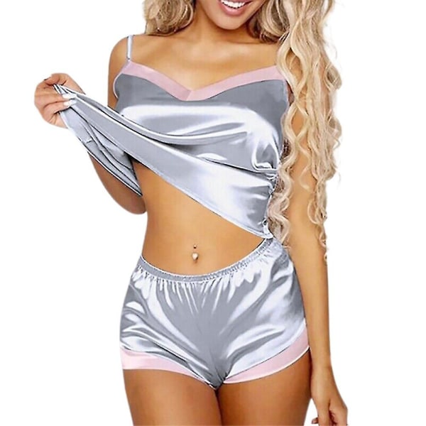 Kvinder Satin Silke Blonde Cami Undertøj Shorts Nattøj Dukke Pyjamas Nattøjssæt Flerfarvet valgfrit Silver XL