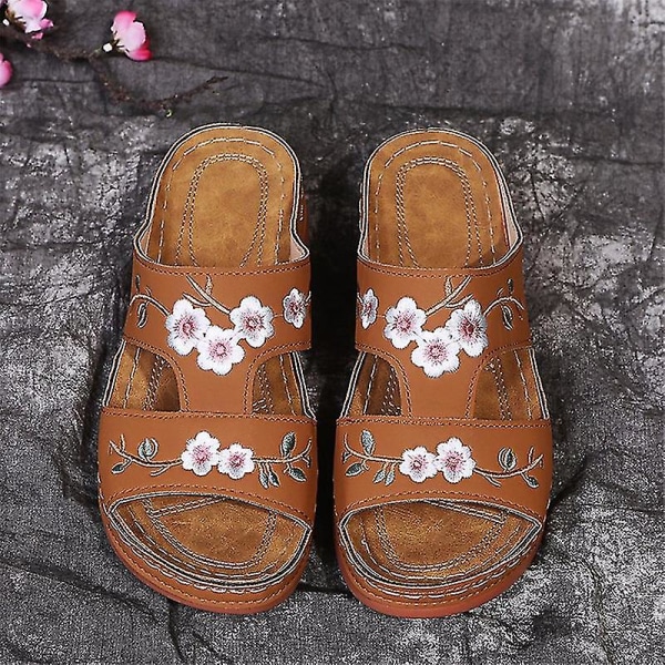 Ortopediska Bloom-skor för kvinnor med öppen tå sandaler Platttofflor för damer Sommar Strand Gummi Mjuk sula Beige 40