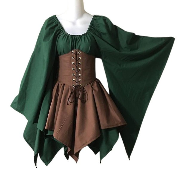 Kvinnor medeltida renässansklänning viktoriansk pirat irländsk vikinga vintage cosplay kostym för karneval maskeradfest plus storlek Green Khaki 4XL